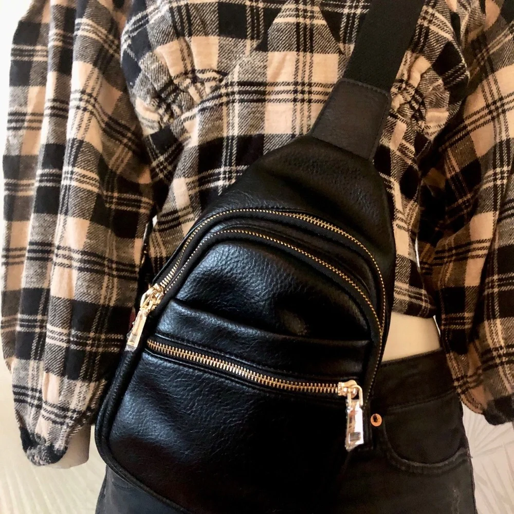 Kelly & Katie Black Sling Crossbody Bag with Gold Hardware Faux Leather NWT